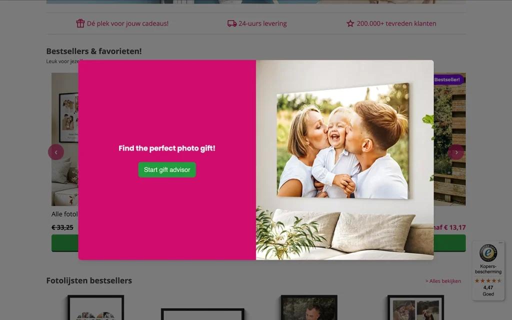 Fotocadeau gift finder quiz example popup