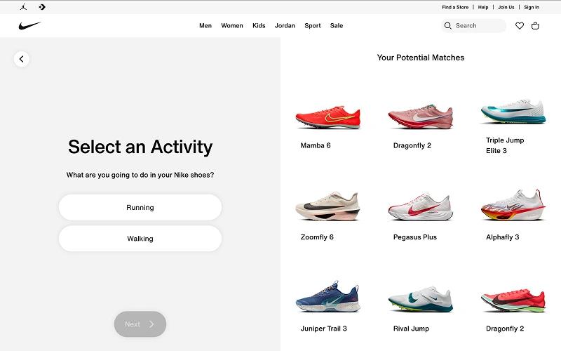 Nike running shoe finder example