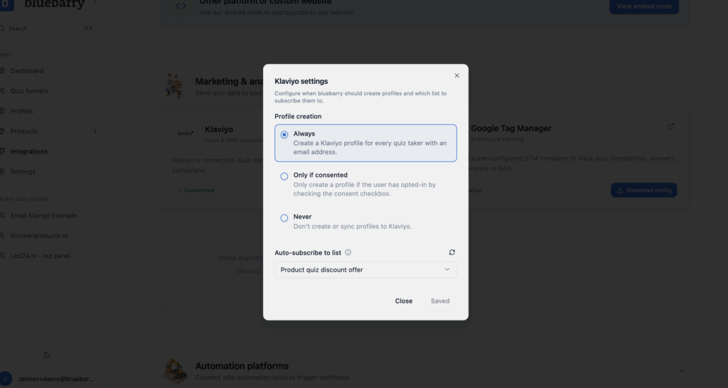 Klaviyo Settings Dialog in bluebarry